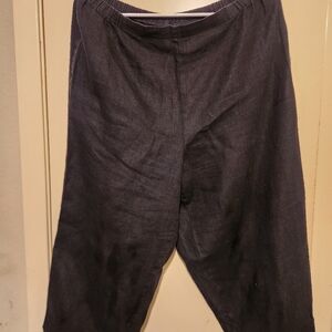 Flax Elastic-Waist, Straight Leg Linen Pants - Black Sz M